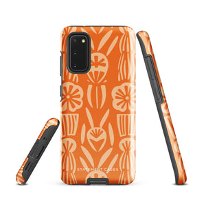 This stylish smartphone accessory, the Savannah Ardiente for Samsung by Statement Cases, features a shock-absorbing, colorful patterned case adorned with abstract flower designs in beige on an orange background. This impact-resistant phone case wraps around the back of your device, providing robust protection for its multiple camera lenses in the corner.