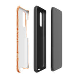 This stylish smartphone accessory, the Savannah Ardiente for Samsung by Statement Cases, features a shock-absorbing, colorful patterned case adorned with abstract flower designs in beige on an orange background. This impact-resistant phone case wraps around the back of your device, providing robust protection for its multiple camera lenses in the corner.