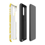 The Sol Dorado for Samsung by Statement Cases is a durable phone case featuring a bright yellow background adorned with an abstract white floral pattern, showcasing various flowers and leaves. Near the bottom edge, the text "STATEMENT CASE" highlights its dual-layer design for enhanced durability.