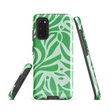 The Selva Verde for Samsung, a product by Statement Cases, is a durable, dual-layer phone case adorned with a green and white leafy design. The back of the case includes a camera cutout, and the bottom is printed with "Statement Cases.