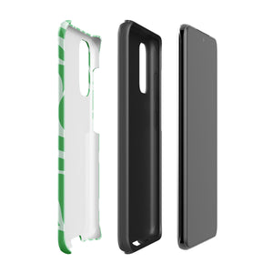 The Selva Verde for Samsung, a product by Statement Cases, is a durable, dual-layer phone case adorned with a green and white leafy design. The back of the case includes a camera cutout, and the bottom is printed with "Statement Cases.