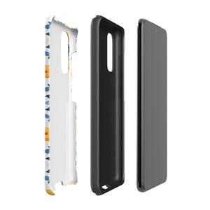 The Mediterranean Bloom for Samsung by Statement Cases features intricate, colorful floral patterns in blue, orange, and yellow. The design covers the entire back of the case, surrounding the camera cutout. Shock-absorbing and impact-resistant, it ensures protection while the brand "Statement Cases" is subtly printed near the bottom.