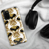 A phone case with an ornate Baroque-style design, featuring an intricate pattern of gold and black swirls and vines on a white background. This dual-layer design is not only impact-resistant but also stylish. The camera cutout is large and accommodates multiple lenses, with "Rebellious Spirit for Samsung" displayed at the bottom.