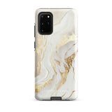 A Golden Elegance for Samsung is encased in a decorative, impact-resistant phone case with a marble-like design featuring white, beige, and gold swirls. The tough phone case covers the back and sides, with precise cutouts for the four-lens camera and buttons. The brand "Statement Cases" is printed at the bottom.