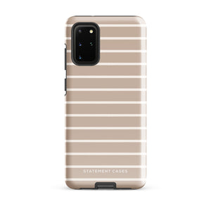 A beige phone case with white horizontal stripes, designed for a smartphone with multiple camera lenses. The text "Statement Cases" is printed at the bottom of the impact-resistant Au Naturale for Samsung case. With precise cutouts for buttons and camera, its dual-layer design offers enhanced protection.