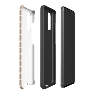 A beige phone case with white horizontal stripes, designed for a smartphone with multiple camera lenses. The text "Statement Cases" is printed at the bottom of the impact-resistant Au Naturale for Samsung case. With precise cutouts for buttons and camera, its dual-layer design offers enhanced protection.