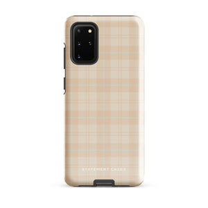 A smartphone with an impact-resistant beige plaid phone case featuring subtle light blue accents. The camera, flash, and sensor modules are visible at the top. The bottom part of the case has the text "Sophisticated Plaid for Samsung" printed on it by Statement Cases.