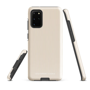 A beige smartphone case with vertical stripes designed for a phone with a triple camera setup. This impact-resistant phone case features precise cutouts for the cameras, buttons, and other essential functions. "Statement Cases" is printed at the bottom of the tough phone case. Product Name: Noble Pinstripe for Samsung