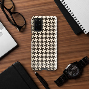 A Statement Cases Timeless Houndstooth for Samsung featuring a black and beige houndstooth pattern. The camera cutout at the top rear is designed for a triple-lens camera. With its dual-layer design and slim profile, this impact-resistant case also boasts a glossy finish.