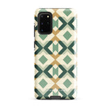 A smartphone with a dual-layer design case featuring a mix of green, beige, and tan shapes. The Old World Mosaic for Samsung has a "Statement Cases" logo at the bottom and is impact-resistant, ensuring your phone with its quad-camera setup stays protected.