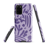 Introducing the Luna Morada for Samsung, a striking smartphone case from Statement Cases. This decorative purple cover boasts abstract floral and organic patterns in darker hues and is designed to absorb shocks. The impact-resistant case features a camera cutout that accommodates five lenses, with the brand name "STATEMENT CASES" elegantly printed at the bottom center.