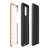 This stylish smartphone accessory, the Savannah Ardiente for Samsung by Statement Cases, features a shock-absorbing, colorful patterned case adorned with abstract flower designs in beige on an orange background. This impact-resistant phone case wraps around the back of your device, providing robust protection for its multiple camera lenses in the corner.