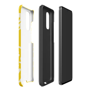 The Sol Dorado for Samsung by Statement Cases is a durable phone case featuring a bright yellow background adorned with an abstract white floral pattern, showcasing various flowers and leaves. Near the bottom edge, the text "STATEMENT CASE" highlights its dual-layer design for enhanced durability.