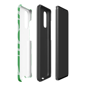 The Selva Verde for Samsung, a product by Statement Cases, is a durable, dual-layer phone case adorned with a green and white leafy design. The back of the case includes a camera cutout, and the bottom is printed with "Statement Cases.