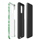 The Selva Verde for Samsung, a product by Statement Cases, is a durable, dual-layer phone case adorned with a green and white leafy design. The back of the case includes a camera cutout, and the bottom is printed with "Statement Cases.