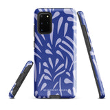 The Mariposa Azul for Samsung smartphone case from Statement Cases is adorned with an impact-resistant design featuring light purple abstract shapes on a blue background. This dual-layer case proudly displays the text "STATEMENT CASES" at the bottom, ensuring that the camera lenses and buttons of your phone remain clearly visible.