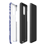 The Mariposa Azul for Samsung smartphone case from Statement Cases is adorned with an impact-resistant design featuring light purple abstract shapes on a blue background. This dual-layer case proudly displays the text "STATEMENT CASES" at the bottom, ensuring that the camera lenses and buttons of your phone remain clearly visible.