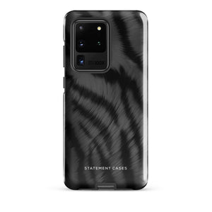 A tough smartphone with a black, textured case that has a silky, animal fur pattern. The dual-layer phone case has cutouts for the camera and side buttons, and the words "Statement Cases" are printed near the bottom.