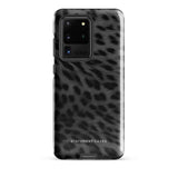 A Nocturnal Hunter Fur for Samsung with a black and gray leopard print phone case featuring a dual-layer design. The camera module has five lenses and a flash. The text "STATEMENT CASES" is written at the bottom of this impact-resistant case.