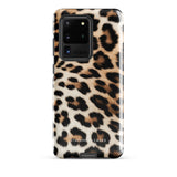 A tough phone case with a leopard print design is displayed. The dual-layer design features black and brown spots on a tan background, mimicking leopard fur. The text "Statement Cases" is printed on the lower part of the impact-resistant case. This is the Mighty Jaguar Fur for Samsung by Statement Cases.