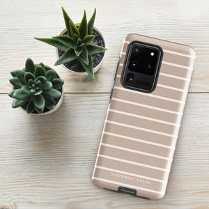 A beige phone case with white horizontal stripes, designed for a smartphone with multiple camera lenses. The text "Statement Cases" is printed at the bottom of the impact-resistant Au Naturale for Samsung case. With precise cutouts for buttons and camera, its dual-layer design offers enhanced protection.