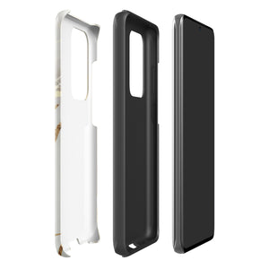 A Golden Elegance for Samsung is encased in a decorative, impact-resistant phone case with a marble-like design featuring white, beige, and gold swirls. The tough phone case covers the back and sides, with precise cutouts for the four-lens camera and buttons. The brand "Statement Cases" is printed at the bottom.