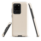 A beige smartphone case with vertical stripes designed for a phone with a triple camera setup. This impact-resistant phone case features precise cutouts for the cameras, buttons, and other essential functions. "Statement Cases" is printed at the bottom of the tough phone case. Product Name: Noble Pinstripe for Samsung