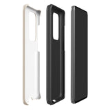 A beige smartphone case with vertical stripes designed for a phone with a triple camera setup. This impact-resistant phone case features precise cutouts for the cameras, buttons, and other essential functions. "Statement Cases" is printed at the bottom of the tough phone case. Product Name: Noble Pinstripe for Samsung