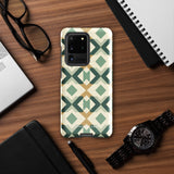 A smartphone with a dual-layer design case featuring a mix of green, beige, and tan shapes. The Old World Mosaic for Samsung has a "Statement Cases" logo at the bottom and is impact-resistant, ensuring your phone with its quad-camera setup stays protected.