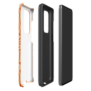 This stylish smartphone accessory, the Savannah Ardiente for Samsung by Statement Cases, features a shock-absorbing, colorful patterned case adorned with abstract flower designs in beige on an orange background. This impact-resistant phone case wraps around the back of your device, providing robust protection for its multiple camera lenses in the corner.