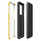 The Sol Dorado for Samsung by Statement Cases is a durable phone case featuring a bright yellow background adorned with an abstract white floral pattern, showcasing various flowers and leaves. Near the bottom edge, the text "STATEMENT CASE" highlights its dual-layer design for enhanced durability.