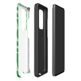 The Selva Verde for Samsung, a product by Statement Cases, is a durable, dual-layer phone case adorned with a green and white leafy design. The back of the case includes a camera cutout, and the bottom is printed with "Statement Cases.