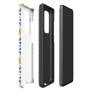 The Mediterranean Bloom for Samsung by Statement Cases features intricate, colorful floral patterns in blue, orange, and yellow. The design covers the entire back of the case, surrounding the camera cutout. Shock-absorbing and impact-resistant, it ensures protection while the brand "Statement Cases" is subtly printed near the bottom.