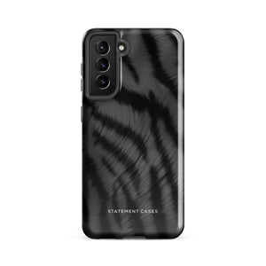 A tough smartphone with a black, textured case that has a silky, animal fur pattern. The dual-layer phone case has cutouts for the camera and side buttons, and the words "Statement Cases" are printed near the bottom.