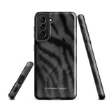 A tough smartphone with a black, textured case that has a silky, animal fur pattern. The dual-layer phone case has cutouts for the camera and side buttons, and the words "Statement Cases" are printed near the bottom.