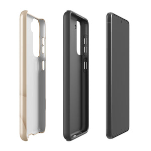 A Sandy Serenity for Samsung encased in a beige, impact-resistant phone case with wavy, textured patterns. Four camera lenses are visible on the back. The lower part of the dual-layer design case displays the text "Statement Cases.