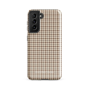 A Samsung smartphone with a beige and brown houndstooth patterned, impact-resistant case from Statement Cases. The phone features multiple cameras on the upper left side of its back. This tough Classic Houndstooth for Samsung phone case has a sleek, dual-layer design with precise cutouts for the cameras and buttons.