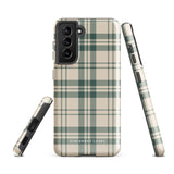 A beige and green plaid-patterned phone case designed to fit a smartphone. The dual-layer design ensures impact-resistant protection while maintaining a snug fit with precise cutouts for the camera and buttons. The brand name "Statement Cases" is subtly printed at the bottom.