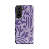 Introducing the Luna Morada for Samsung, a striking smartphone case from Statement Cases. This decorative purple cover boasts abstract floral and organic patterns in darker hues and is designed to absorb shocks. The impact-resistant case features a camera cutout that accommodates five lenses, with the brand name "STATEMENT CASES" elegantly printed at the bottom center.