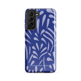 The Mariposa Azul for Samsung smartphone case from Statement Cases is adorned with an impact-resistant design featuring light purple abstract shapes on a blue background. This dual-layer case proudly displays the text "STATEMENT CASES" at the bottom, ensuring that the camera lenses and buttons of your phone remain clearly visible.