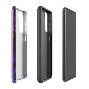 The Golden Orchid Marble for Samsung by Statement Cases is a smartphone adorned with a vibrant, abstract phone case showcasing a mix of purple, pink, and gold colors. Crafted from impact-resistant materials, it features a camera module with four lenses and a flash. At the bottom of the shock-absorbing phone case, you’ll find the text "STATEMENT CASES" in white.