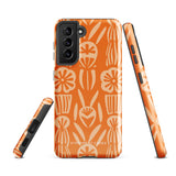 This stylish smartphone accessory, the Savannah Ardiente for Samsung by Statement Cases, features a shock-absorbing, colorful patterned case adorned with abstract flower designs in beige on an orange background. This impact-resistant phone case wraps around the back of your device, providing robust protection for its multiple camera lenses in the corner.