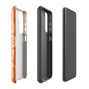 This stylish smartphone accessory, the Savannah Ardiente for Samsung by Statement Cases, features a shock-absorbing, colorful patterned case adorned with abstract flower designs in beige on an orange background. This impact-resistant phone case wraps around the back of your device, providing robust protection for its multiple camera lenses in the corner.