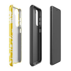 The Sol Dorado for Samsung by Statement Cases is a durable phone case featuring a bright yellow background adorned with an abstract white floral pattern, showcasing various flowers and leaves. Near the bottom edge, the text "STATEMENT CASE" highlights its dual-layer design for enhanced durability.