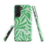 The Selva Verde for Samsung, a product by Statement Cases, is a durable, dual-layer phone case adorned with a green and white leafy design. The back of the case includes a camera cutout, and the bottom is printed with "Statement Cases.