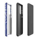 The Mariposa Azul for Samsung smartphone case from Statement Cases is adorned with an impact-resistant design featuring light purple abstract shapes on a blue background. This dual-layer case proudly displays the text "STATEMENT CASES" at the bottom, ensuring that the camera lenses and buttons of your phone remain clearly visible.