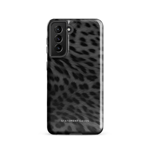 A Nocturnal Hunter Fur for Samsung with a black and gray leopard print phone case featuring a dual-layer design. The camera module has five lenses and a flash. The text "STATEMENT CASES" is written at the bottom of this impact-resistant case.