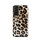 A tough phone case with a leopard print design is displayed. The dual-layer design features black and brown spots on a tan background, mimicking leopard fur. The text "Statement Cases" is printed on the lower part of the impact-resistant case. This is the Mighty Jaguar Fur for Samsung by Statement Cases.