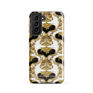 A phone case with an ornate Baroque-style design, featuring an intricate pattern of gold and black swirls and vines on a white background. This dual-layer design is not only impact-resistant but also stylish. The camera cutout is large and accommodates multiple lenses, with "Rebellious Spirit for Samsung" displayed at the bottom.