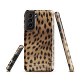 A smartphone with a leopard print, dual-layer design phone case featuring four camera lenses on the back is displayed against a white background. The bottom of the tough phone case has the brand name "Statement Cases" in white letters. The product name is "Daring Cheetah Fur for Samsung".